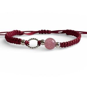 Pink Silver Bracelet Red Macrame Cord Beaded Bohemian Minimalist Jewelry